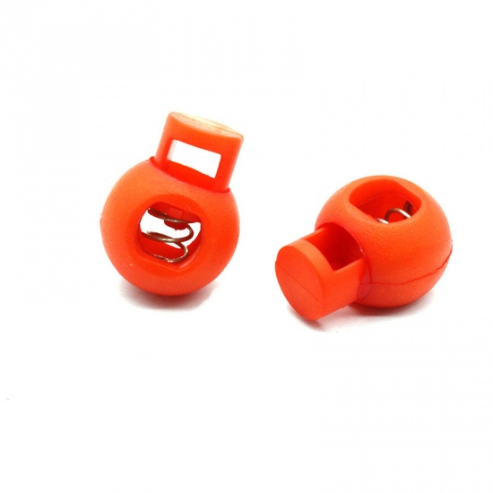 Picture of Orange - 22mm x 17mm 10pcs Colorful Plastic Ball Round Cord Lock Spring Stop Toggle Stopper Clip For Sportswear Clothing Shoes Rope DIY Craft Parts