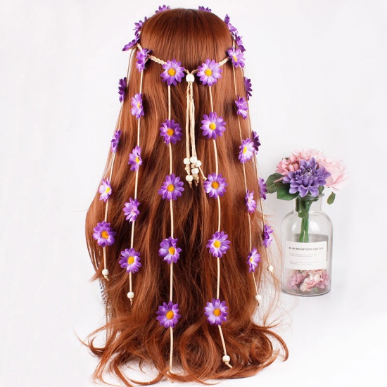 Picture of Velvet Boho Chic Bohemia Headband Daisy Flower Purple Tassel Pattern 60cm x 26cm， 1 Piece