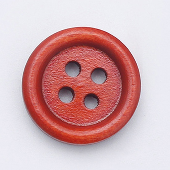 Picture of Wood Sewing Buttons Scrapbooking 4 Holes Round Brown Red 11.5mm Dia., 100 PCs
