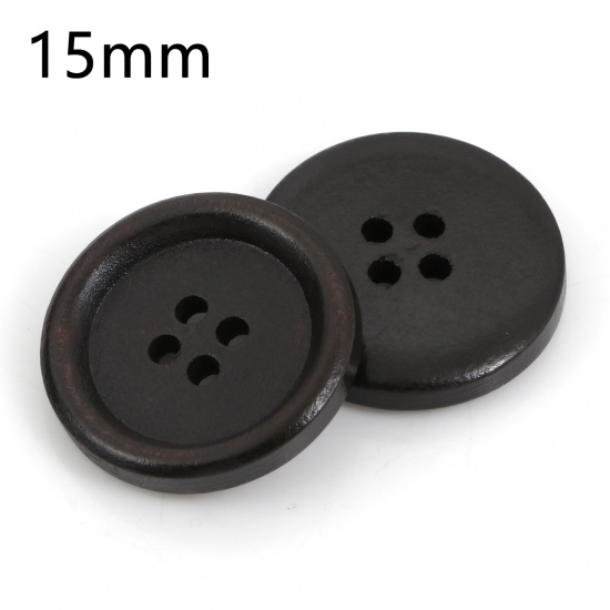 Picture of Wood Sewing Buttons Scrapbooking 4 Holes Round Dark Coffee 15mm Dia., 100 PCs