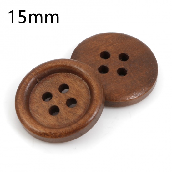 Picture of Wood Sewing Buttons Scrapbooking 4 Holes Round Coffee 15mm Dia., 100 PCs