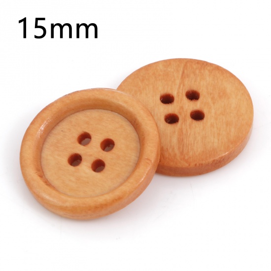 Picture of Wood Sewing Buttons Scrapbooking 4 Holes Round Light Brown 15mm Dia., 100 PCs
