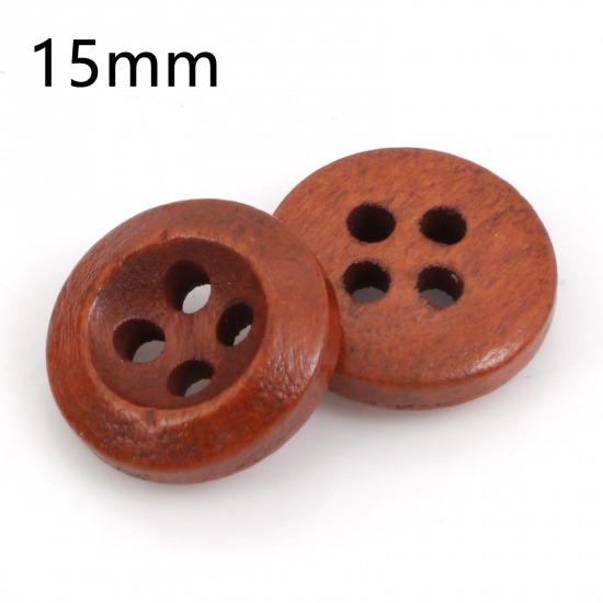 Picture of Wood Sewing Buttons Scrapbooking 4 Holes Round Brown Red 15mm Dia., 100 PCs