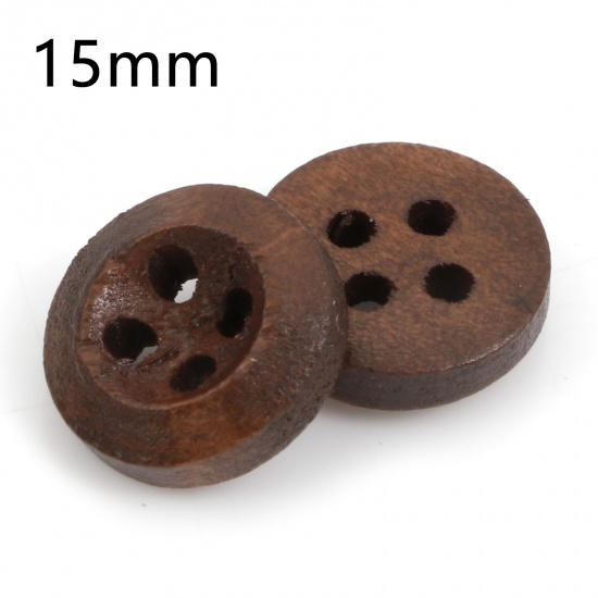 Picture of Wood Sewing Buttons Scrapbooking 4 Holes Round Coffee 15mm Dia., 100 PCs