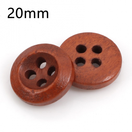 Image de Bouton de Couture en Bois Naturel 4 Trous Rond Roux 20mm Dia, 100 Pcs