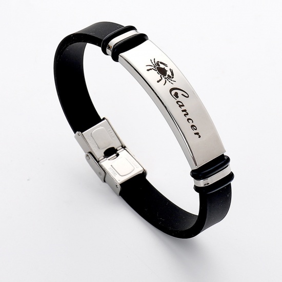 Picture of Stainless Steel Bangles Bracelets Silver Tone Black Aries Sign Of Zodiac Constellations 21.5cm(8 4/8") long, 1 Piece