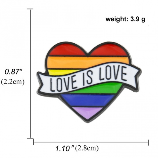 ブローチ ハート 文字 " LOVE IS LOVE " 多色 エナメル 28mm x 20mm、 1 個 の画像