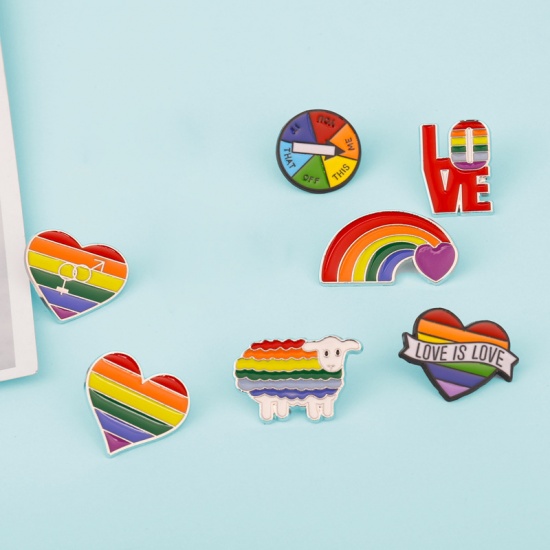 Picture of Pin Brooches Heart Message " LOVE IS LOVE " Multicolor Enamel 28mm x 20mm, 1 Piece