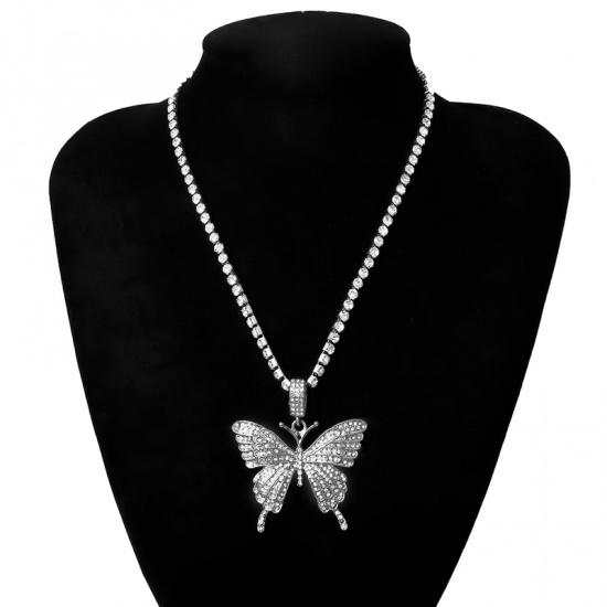 銅 ネックレス シルバートーン 蝶 透明 ラインストーン 41cm 長さ、 1 本 の画像