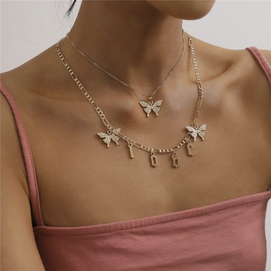 Picture of Copper Necklace Gold Plated Butterfly Animal Message " LOVE " 35cm(13 6/8") long, 1 Set ( 2 PCs/Set)