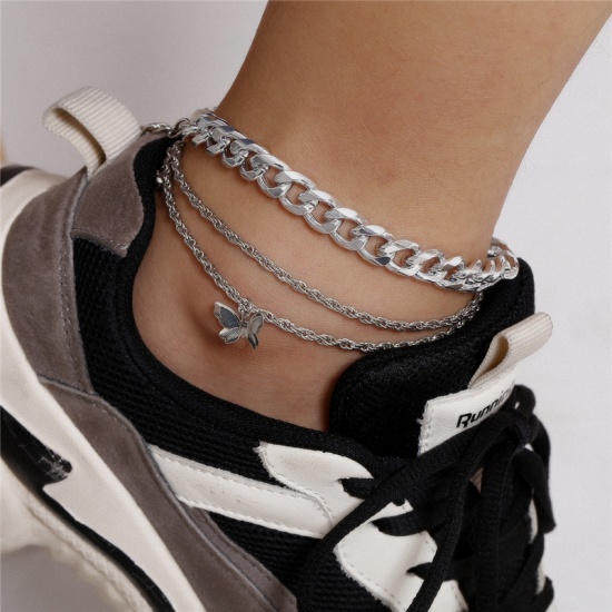 Picture of Anklet Silver Tone Butterfly Animal 22cm(8 5/8") long, 1 Set ( 3 PCs/Set)