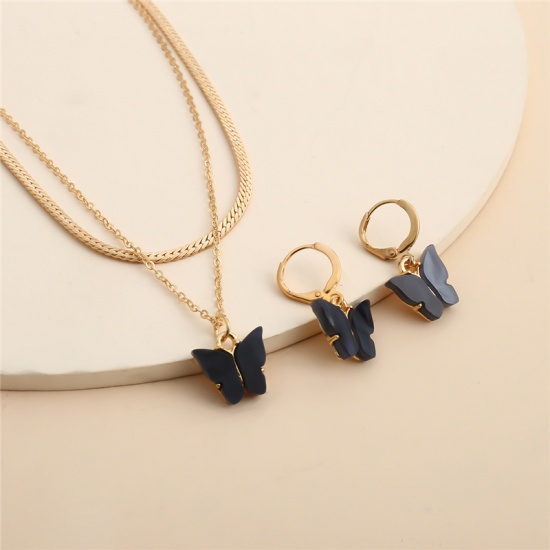 Picture of Jewelry Necklace Earrings Set Gold Plated Black Butterfly Animal 30cm(11 6/8") long, 2.6cm x 1.3cm, 1 Set ( 2 PCs/Set)