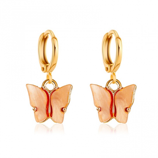 Picture of Hoop Earrings Gold Plated Orange Butterfly Animal 25mm x 10mm, 1 Pair