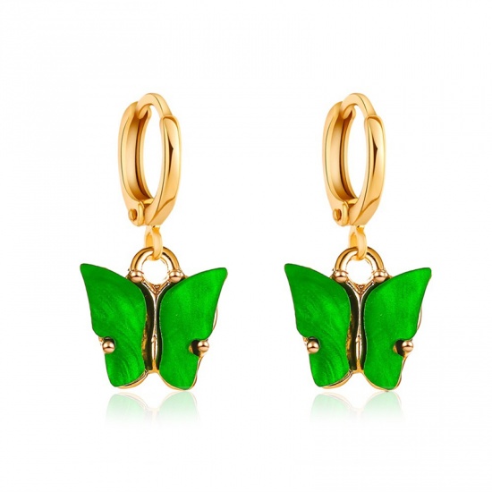 Picture of Hoop Earrings Gold Plated Green Butterfly Animal 25mm x 10mm, 1 Pair