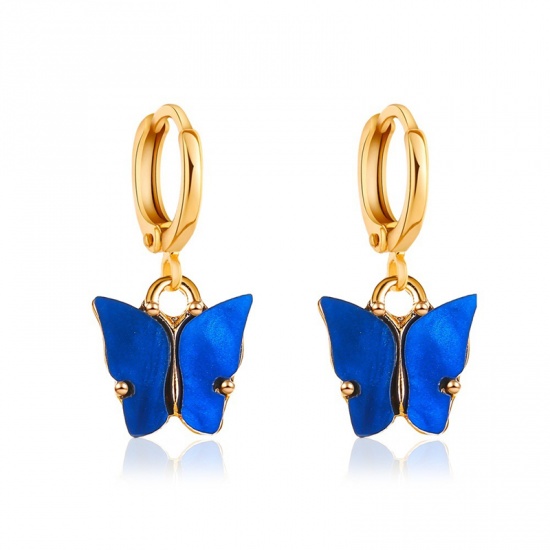 Picture of Hoop Earrings Gold Plated Blue Butterfly Animal 25mm x 10mm, 1 Pair