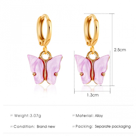 Picture of Hoop Earrings Gold Plated Mauve Butterfly Animal 25mm x 10mm, 1 Pair