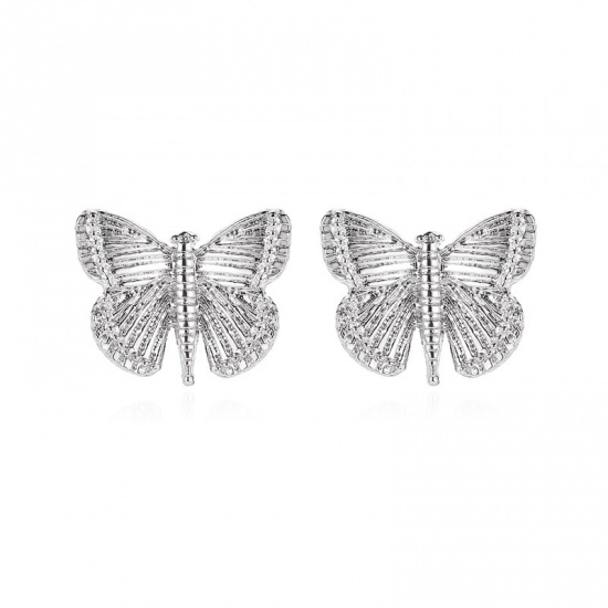 Picture of Ear Post Stud Earrings Silver Tone Butterfly Animal 15mm x 12mm, 1 Pair