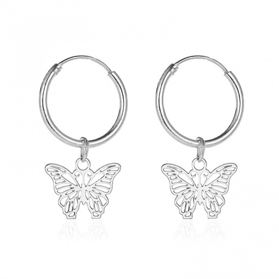 Picture of Brass Hoop Earrings Silver Tone Butterfly Animal 30mm x 18mm, 1 Pair                                                                                                                                                                                          