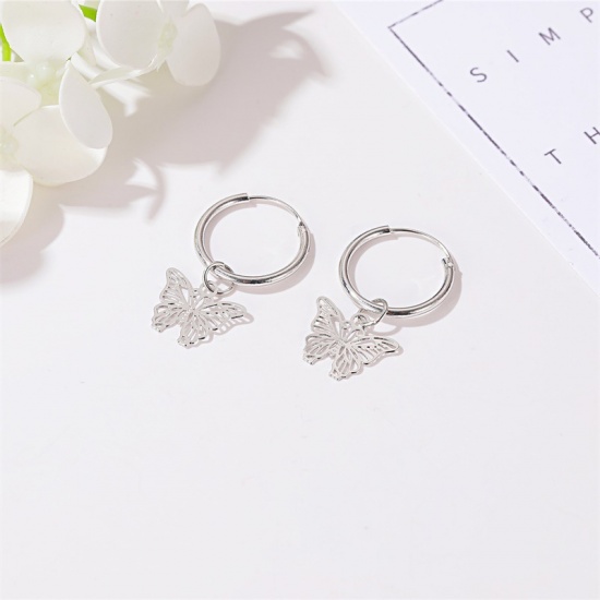Picture of Brass Hoop Earrings Silver Tone Butterfly Animal 30mm x 18mm, 1 Pair                                                                                                                                                                                          