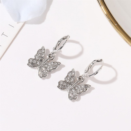 Picture of Brass Hoop Earrings Silver Tone Butterfly Animal Clear Rhinestone 25mm x 15mm, 1 Pair                                                                                                                                                                         