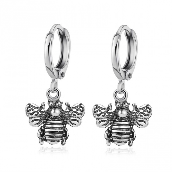Picture of Hoop Earrings Antique Silver Color Bee Animal 26mm x 15mm, 1 Pair