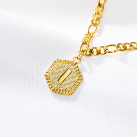 Picture of Stainless Steel Anklet Gold Plated Hexagon Initial Alphabet/ Capital Letter Message " I " 24cm(9 4/8") long, 1 Piece