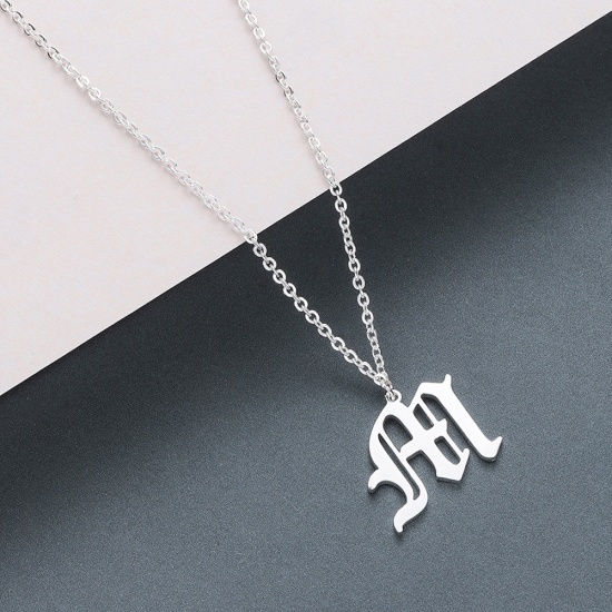 Picture of Stainless Steel Necklace Silver Tone Capital Alphabet/ Letter Message " M " 45cm(17 6/8") long, 1 Piece