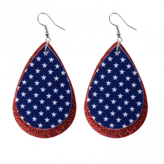 Imagen de Dia de la Independencia Americana Pendientes Rojo & Azul Gota Estrellas de cinco puntos Sequins 70mm x 40mm, 1 Par