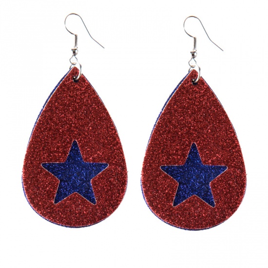 Imagen de Dia de la Independencia Americana Pendientes Rojo & Azul Gota Estrellas de cinco puntos Sequins 70mm x 40mm, 1 Par