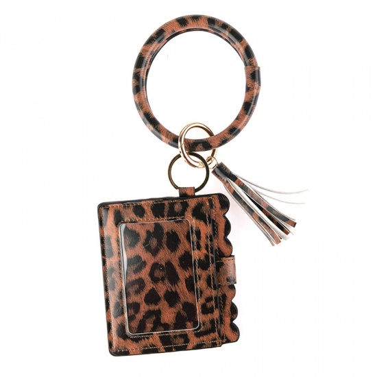 Immagine di Black & Orange - Lantintop Multifunctional Bangle Key Ring Card Holder PU Leather Round Keychain With Matching Wristlet Wallet For Women