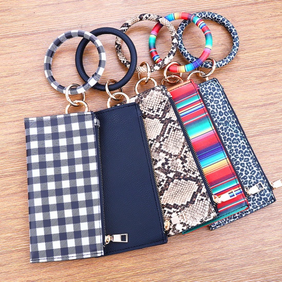 Immagine di Black - PU Wallet Bracelets Key Ring Slim Cash Smart Phone Zipper Key Bag Double-sided Printing Smallsized Clutch for Girl