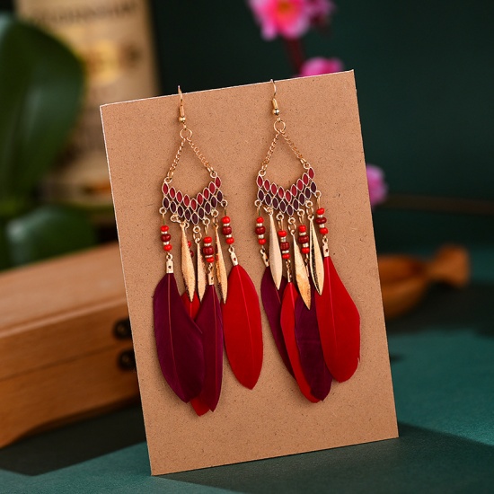 Picture of Boho Chic Bohemia Beaded Earrings Red Tassel Feather 13.5cm x 2.8cm, 1 Pair