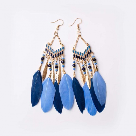 Picture of Boho Chic Bohemia Beaded Earrings Blue Tassel Feather 13.5cm x 2.8cm, 1 Pair