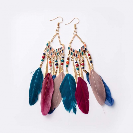 Picture of Boho Chic Bohemia Beaded Earrings Multicolor Tassel Feather 13.5cm x 2.8cm, 1 Pair