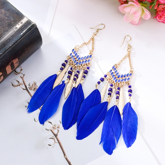 Picture of Boho Chic Bohemia Beaded Earrings Royal Blue Tassel Feather 13.5cm x 2.8cm, 1 Pair