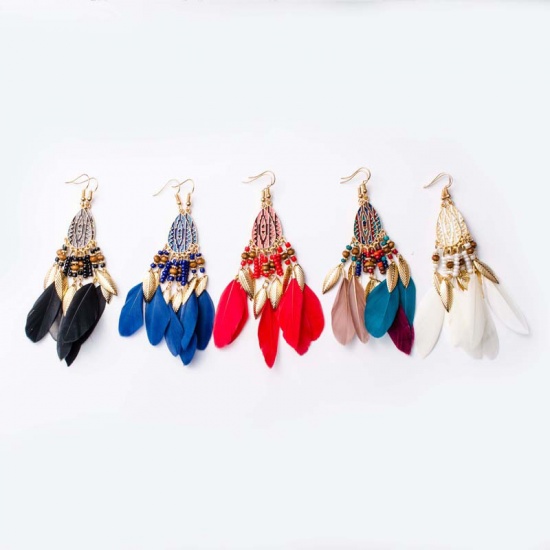 Picture of Boho Chic Bohemia Tassel Earrings Multicolor Tassel Feather Enamel 10cm, 1 Pair