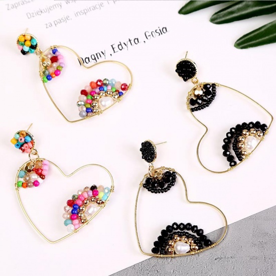 Picture of Boho Chic Bohemia Beaded Earrings Gold Plated Black Heart 60mm x 49mm, 1 Pair