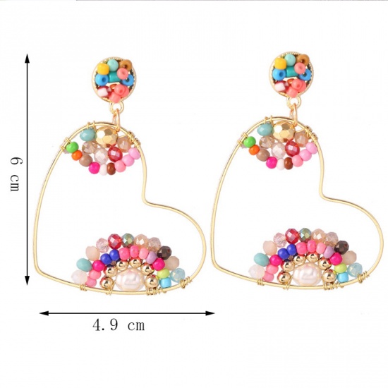 Picture of Boho Chic Bohemia Beaded Earrings Gold Plated Multicolor Heart 60mm x 49mm, 1 Pair