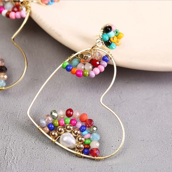 Picture of Boho Chic Bohemia Beaded Earrings Gold Plated Multicolor Heart 60mm x 49mm, 1 Pair