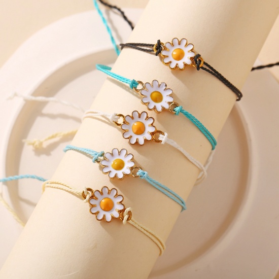 Picture of Braided Bracelets Black Wave Daisy Flower Adjustable 27.8cm(11") long, 1 Piece