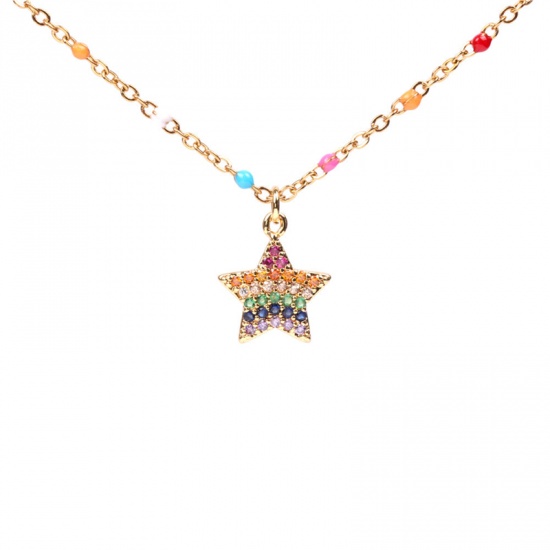 Picture of Copper & Stainless Steel Necklace Gold Plated Pentagram Star Enamel Multicolor Rhinestone 40cm(15 6/8") long, 1 Piece