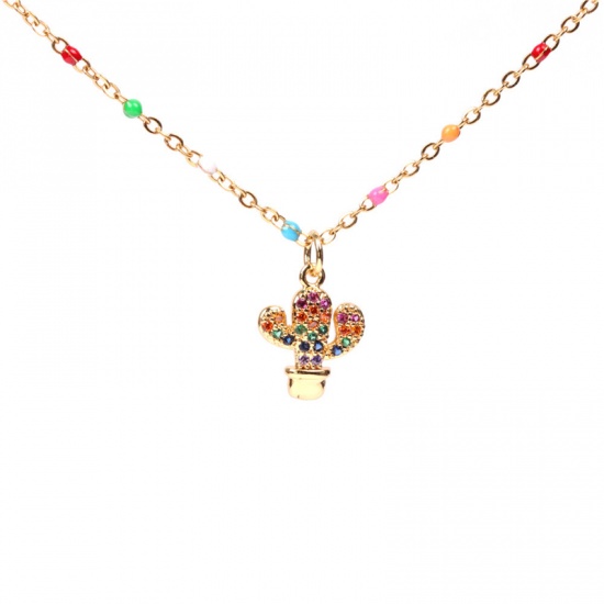Picture of Copper & Stainless Steel Necklace Gold Plated Cactus Enamel Multicolor Rhinestone 40cm(15 6/8") long, 1 Piece