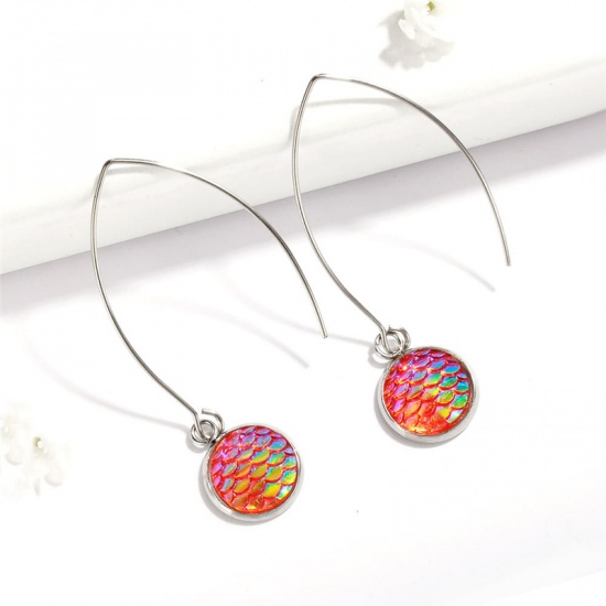 Picture of Stainless Steel Earrings Silver Tone Fuchsia Round Fish Scale 58mm, 1 Pair