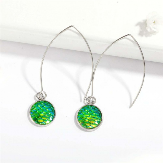 Picture of Stainless Steel Earrings Silver Tone Green Round Fish Scale 58mm, 1 Pair