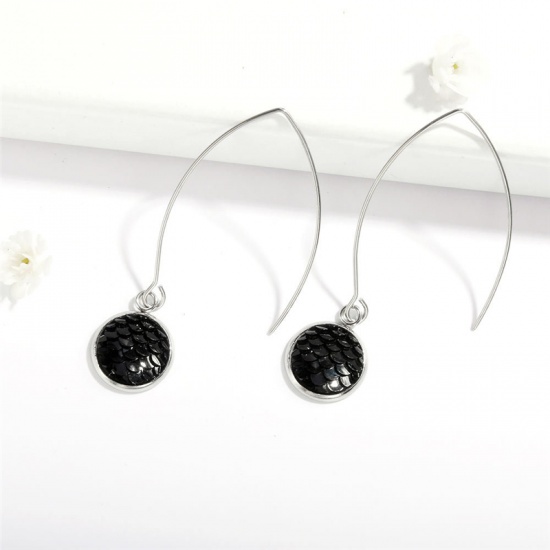 Picture of Stainless Steel Earrings Silver Tone Black Round Fish Scale 58mm, 1 Pair