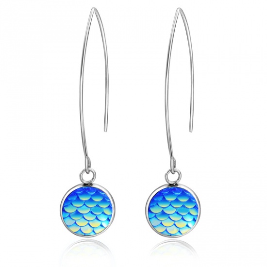 Picture of Stainless Steel Earrings Silver Tone Blue Round Fish Scale 58mm, 1 Pair