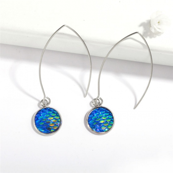 Picture of Stainless Steel Earrings Silver Tone Blue Round Fish Scale 58mm, 1 Pair