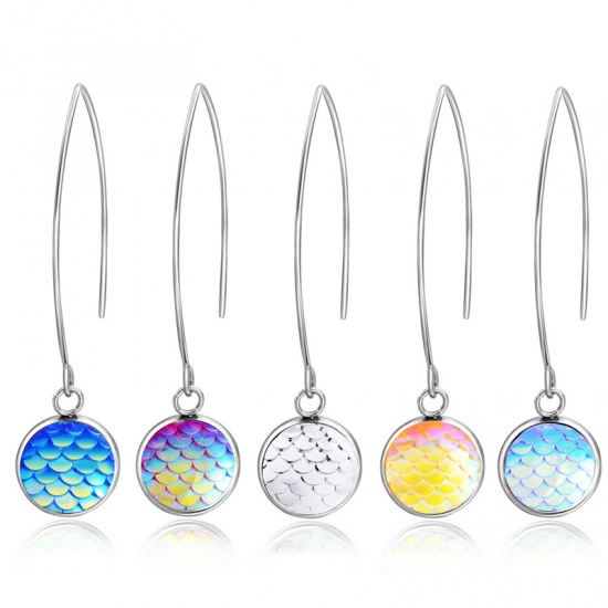 Picture of Stainless Steel Earrings Silver Tone Multicolor Round Fish Scale 58mm, 1 Pair