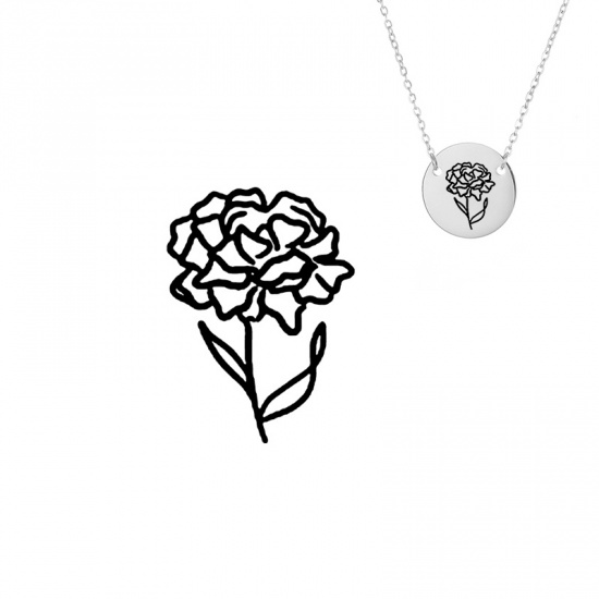 Bild von 316L Edelstahl Geburtsmonat Blume Halskette Silberfarbe Januar Gartennelke 42cm lang, 1 Strang