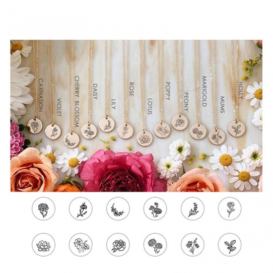 Picture of 316L Stainless Steel Birth Month Flower Necklace Silver Tone January Carnation Flower 42cm(16 4/8") long, 1 Piece